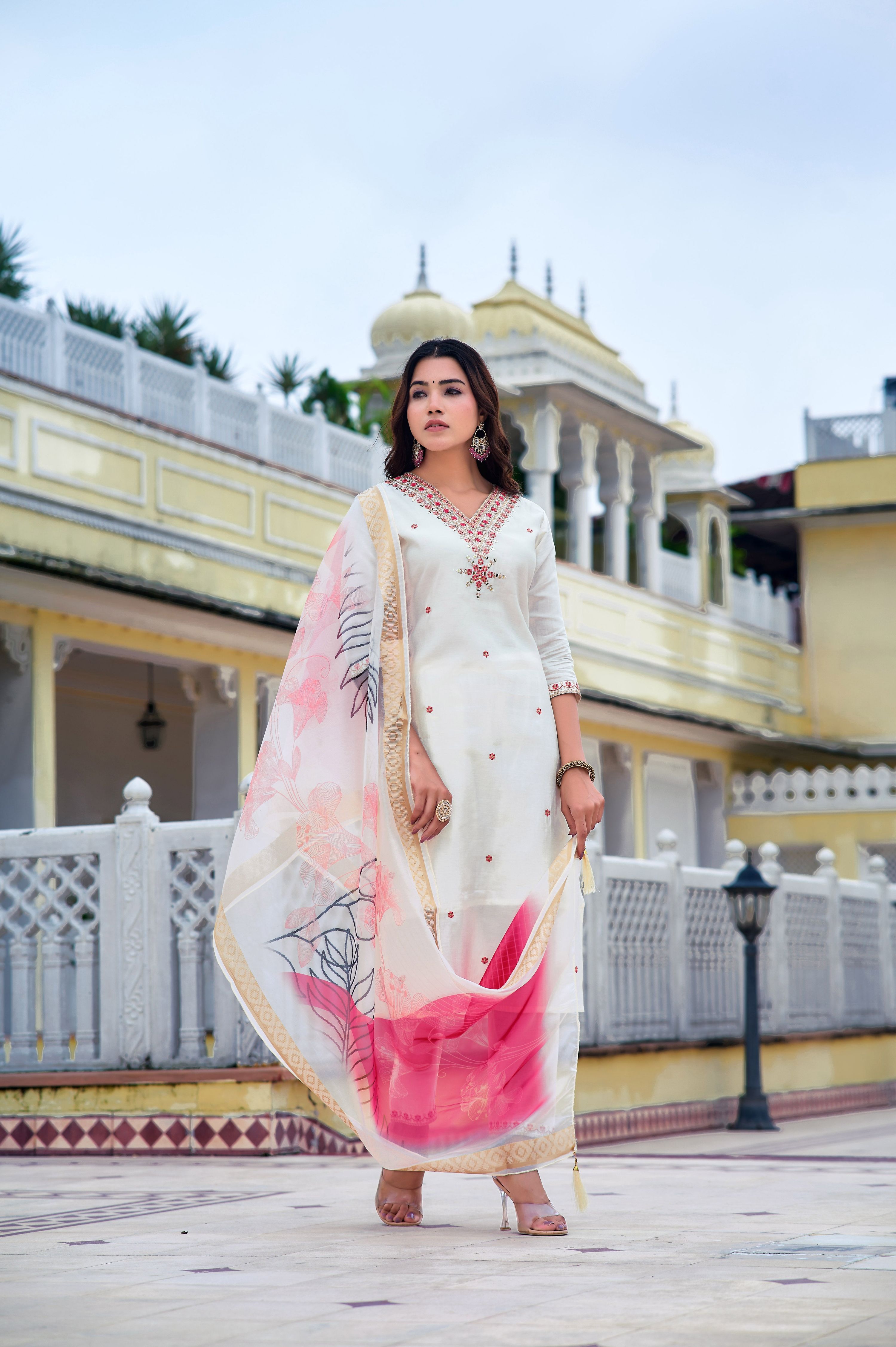 Embroidered Kurta With Pant & Printed Organza Dupatta, White - Hiral Fashion - Distacart