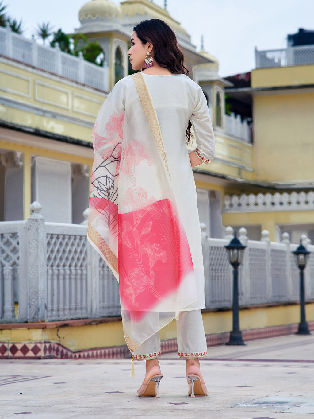Embroidered Kurta With Pant & Printed Organza Dupatta, White - Hiral Fashion - Distacart