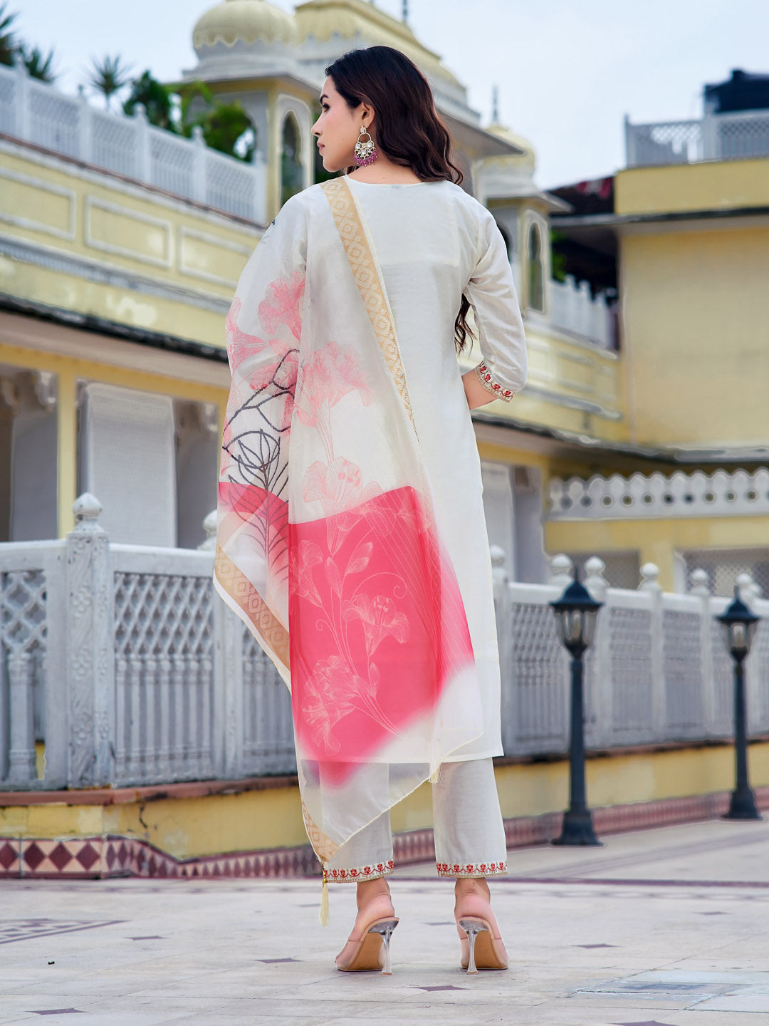 Embroidered Kurta With Pant & Printed Organza Dupatta, White - Hiral Fashion - Distacart
