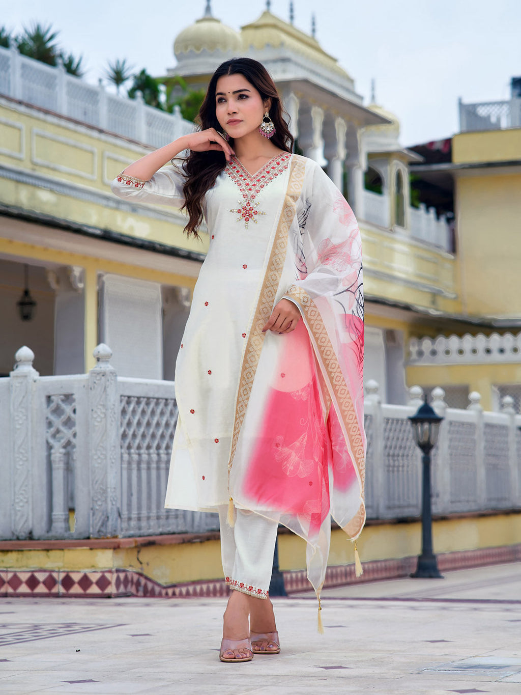 Embroidered Kurta With Pant & Printed Organza Dupatta, White - Hiral Fashion - Distacart