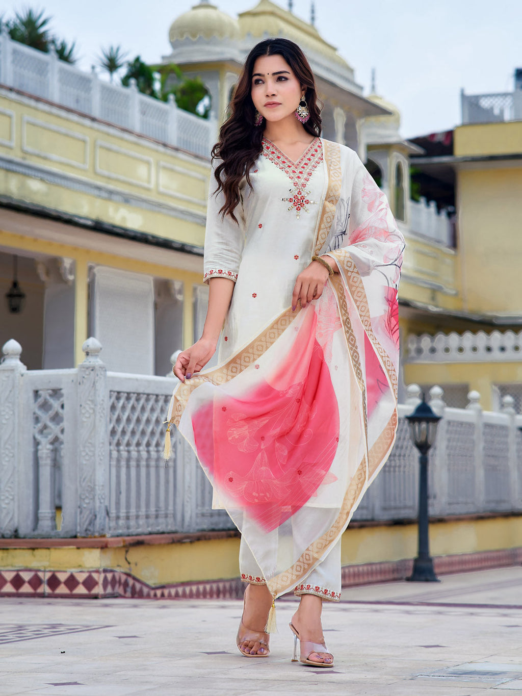 Embroidered Kurta With Pant & Printed Organza Dupatta, White - Hiral Fashion - Distacart