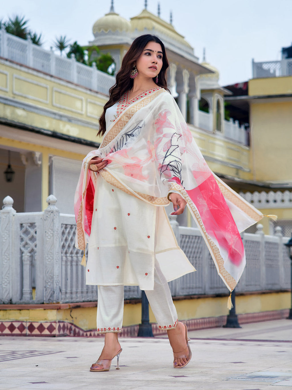 Embroidered Kurta With Pant & Printed Organza Dupatta, White - Hiral Fashion - Distacart