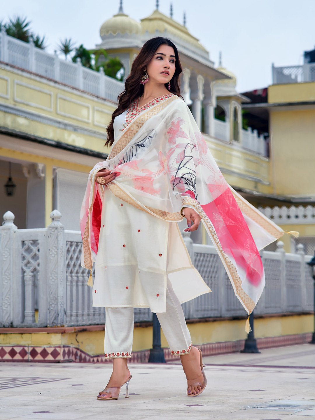 Embroidered Kurta With Pant & Printed Organza Dupatta, White - Hiral Fashion - Distacart