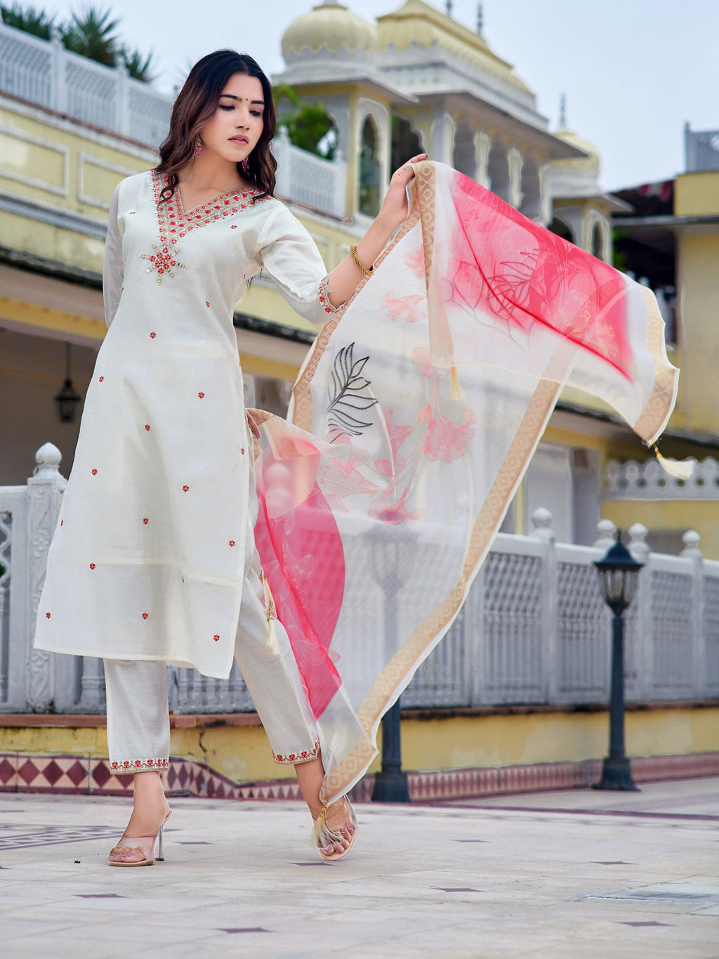 Embroidered Kurta With Pant & Printed Organza Dupatta, White - Hiral Fashion - Distacart