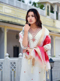 Embroidered Kurta With Pant & Printed Organza Dupatta, White - Hiral Fashion - Distacart