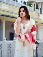 Embroidered Kurta With Pant & Printed Organza Dupatta, White - Hiral Fashion - Distacart