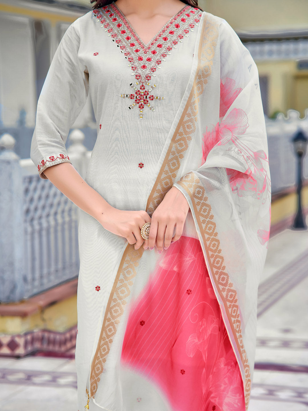Embroidered Kurta With Pant & Printed Organza Dupatta, White - Hiral Fashion - Distacart
