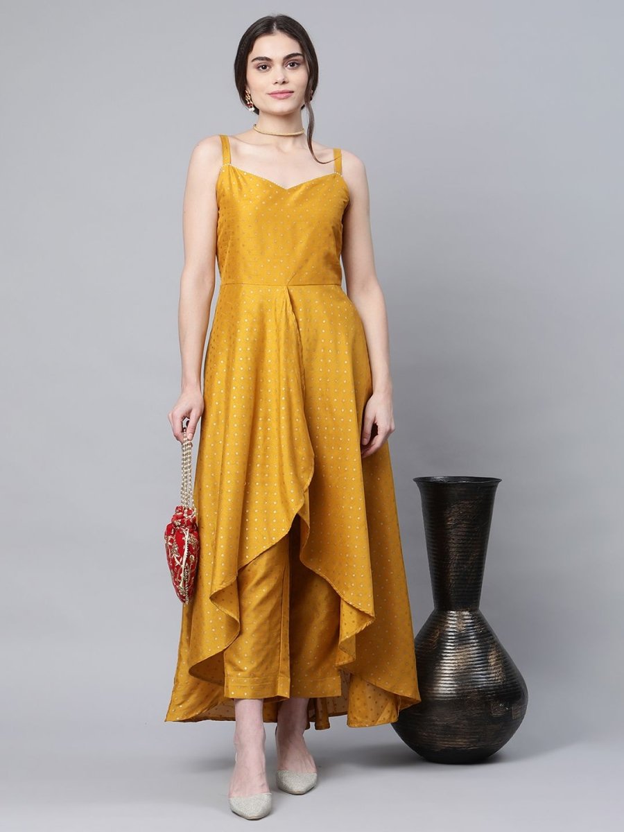 Ahalyaa Women Mustard Poly Silk Gold-Toned Printed Kurta With Trousers - Distacart