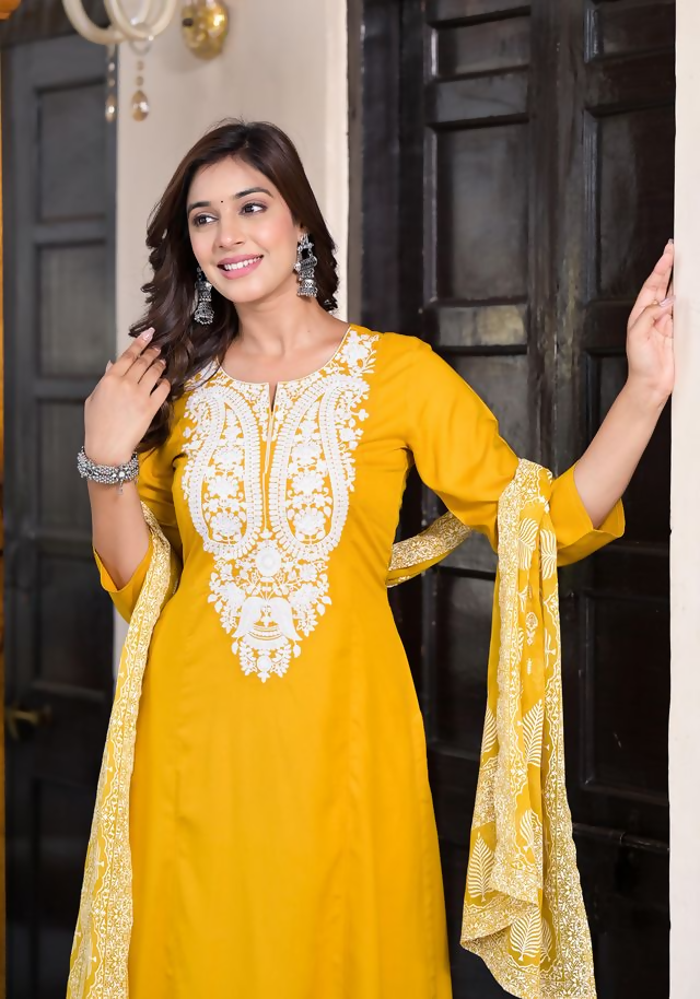 Juniper Women's Mustard Thread Embroidered Rayon Kurta Set