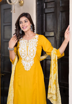 Juniper Women's Mustard Thread Embroidered Rayon Kurta Set