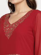 Ahalyaa Women's Maroon Georgette Gold Foil Print Flared Kurta With Dupatta