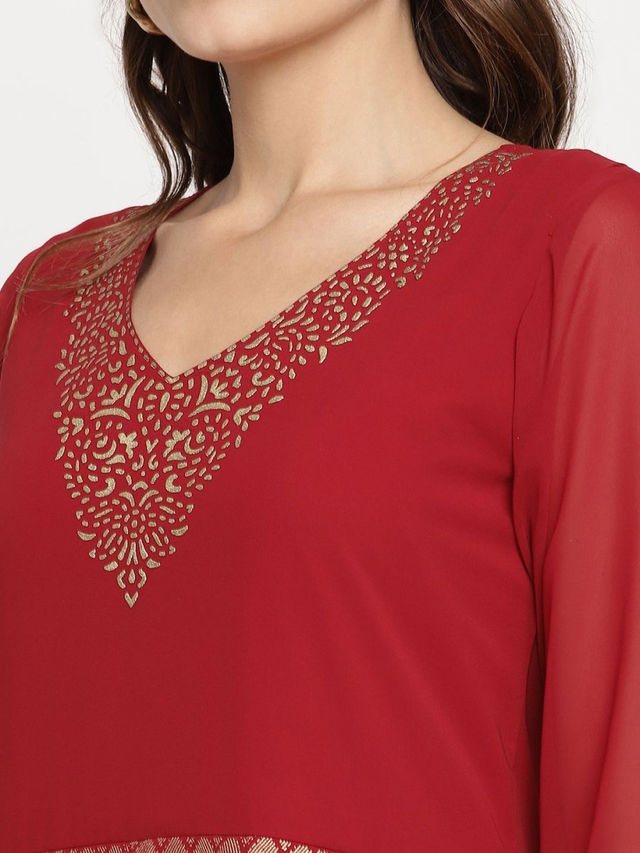 Ahalyaa Women's Maroon Georgette Gold Foil Print Flared Kurta With Dupatta