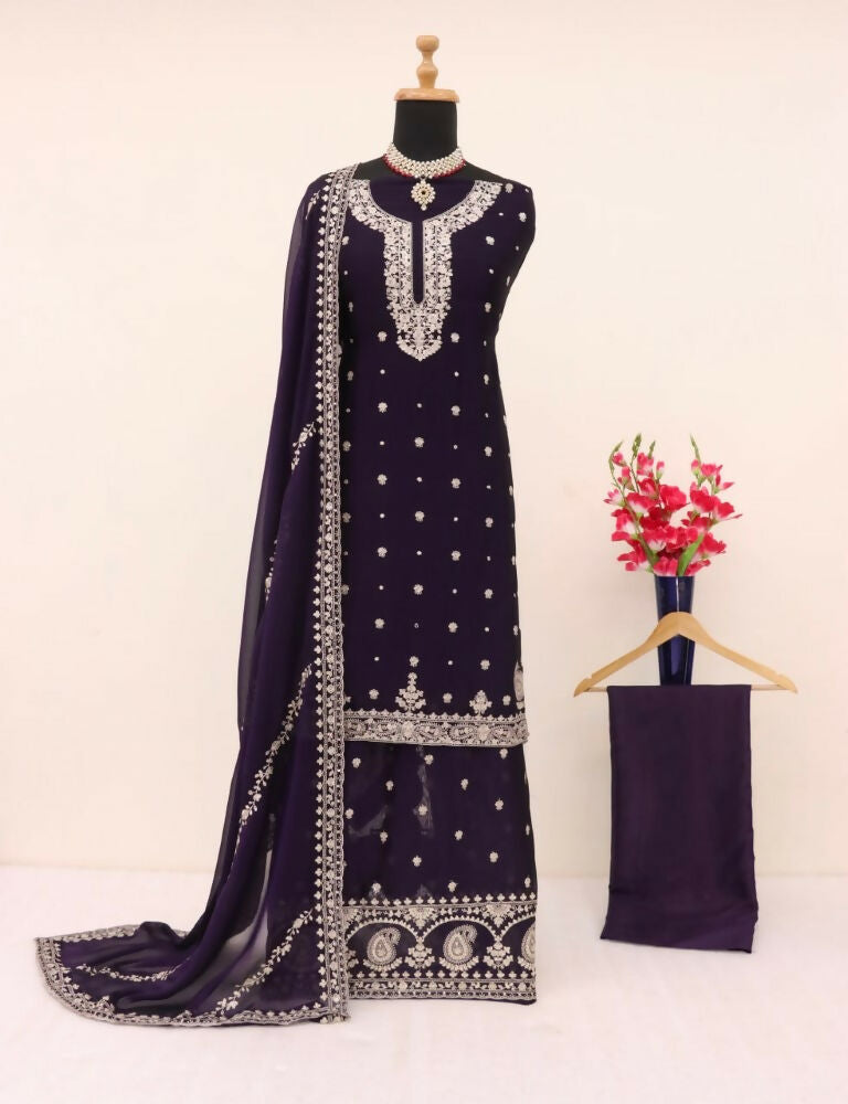 Vastranavya Glamorous Purple Chinon Palazzo Suit With Intricate Sequins Embroidery Work with Dupatta