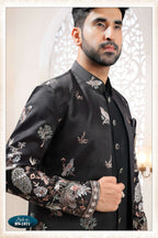 Joban Fashion Men's Black Straight Silk Thread And Sequence Embroidery All Over 3 Pc Kurta Set