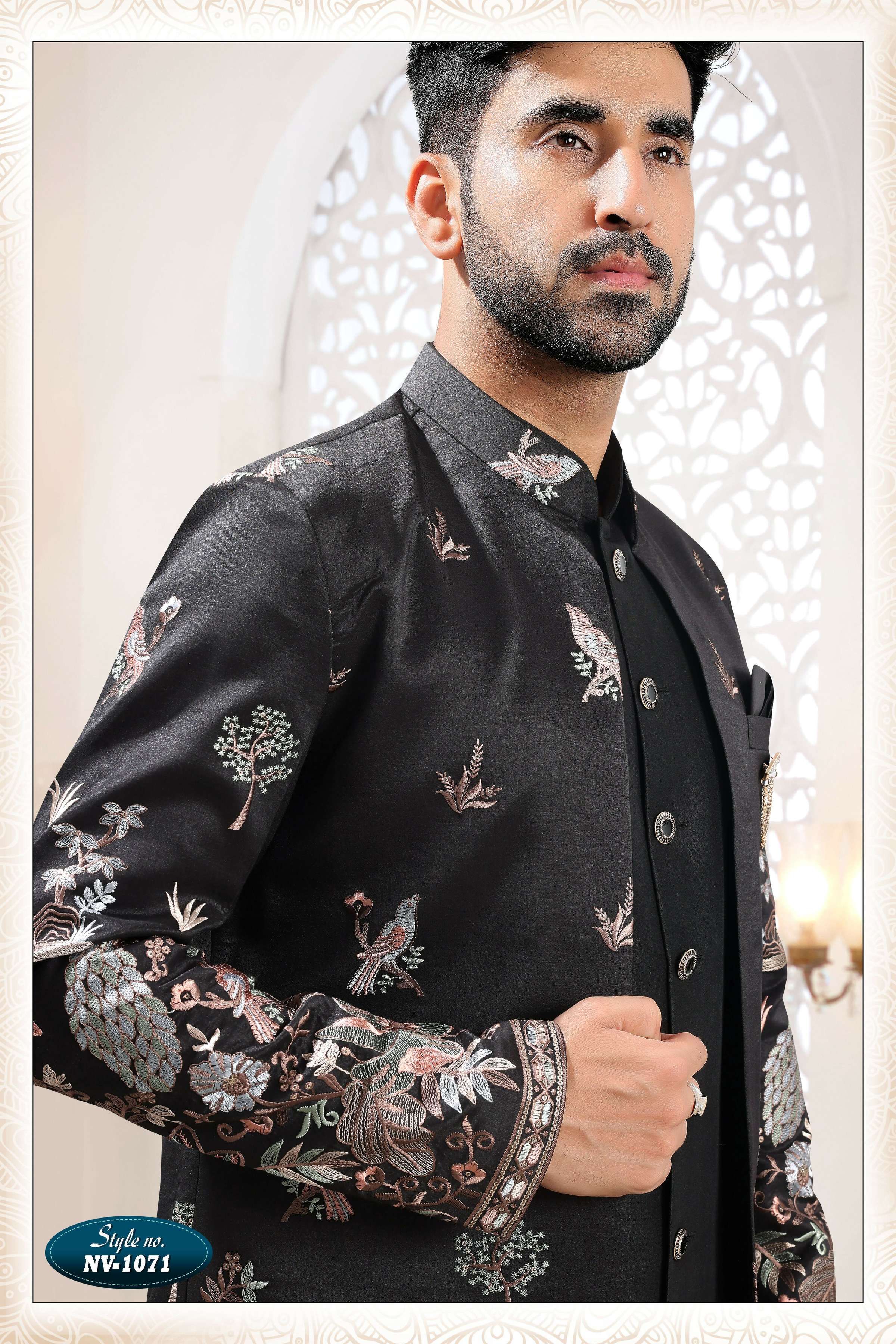 Joban Fashion Men's Black Straight Silk Thread And Sequence Embroidery All Over 3 Pc Kurta Set