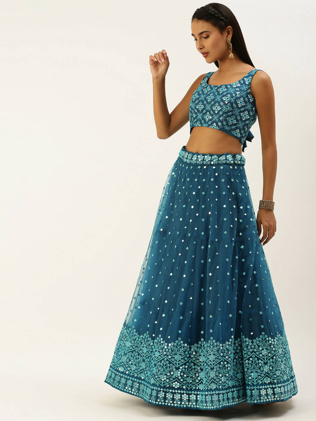 House of Panchhi Teal Net Sequinse Work Lehenga & Blouse, Dupatta
