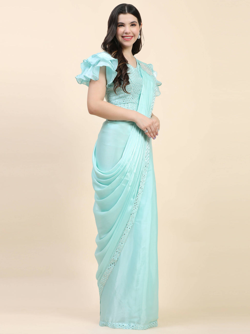Light Blue Silk Satin Sequence Work Ready to Wear Saree with stitched Blouse - Nirvana
