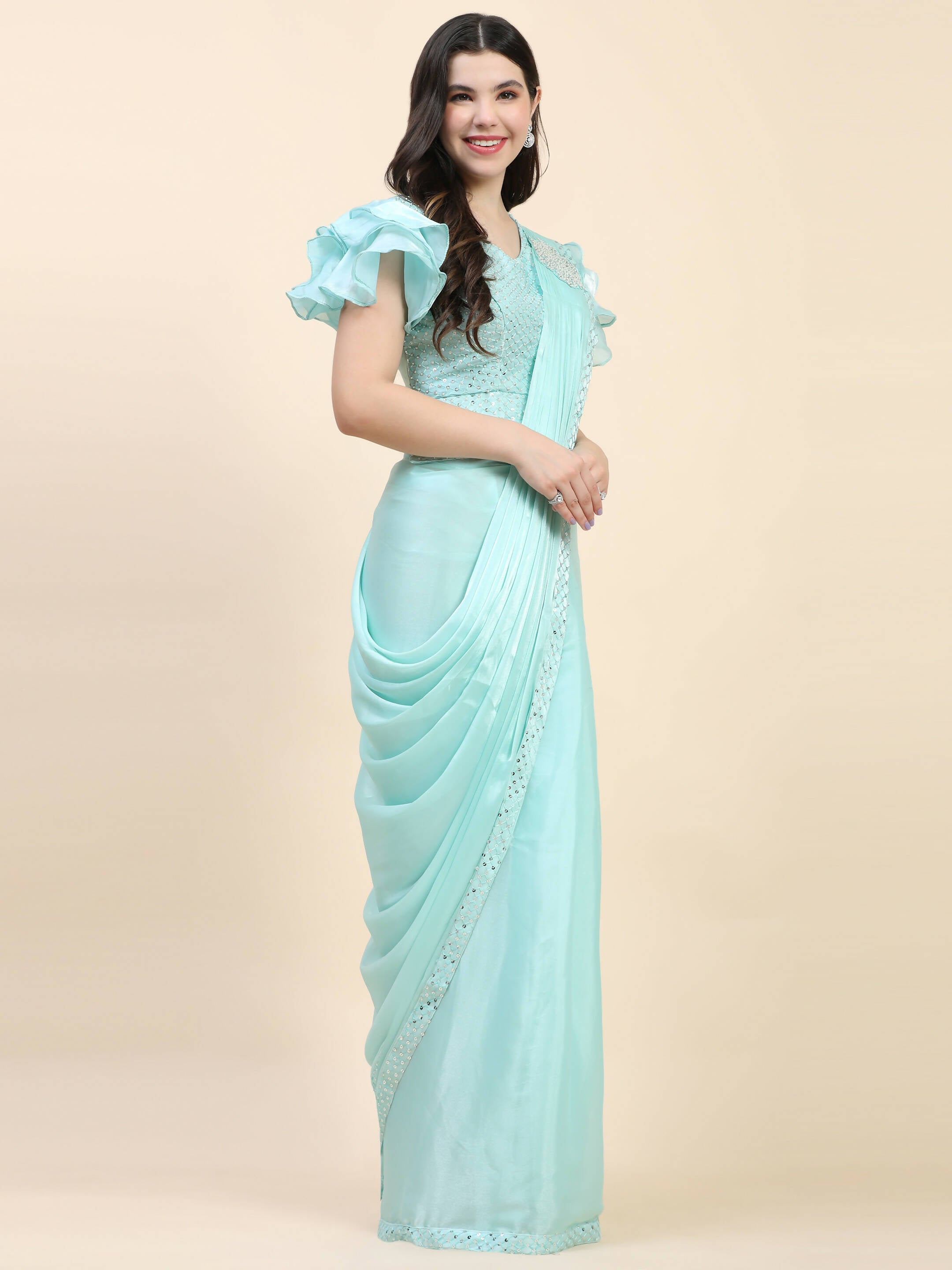 Light Blue Silk Satin Sequence Work Ready to Wear Saree with stitched Blouse - Nirvana