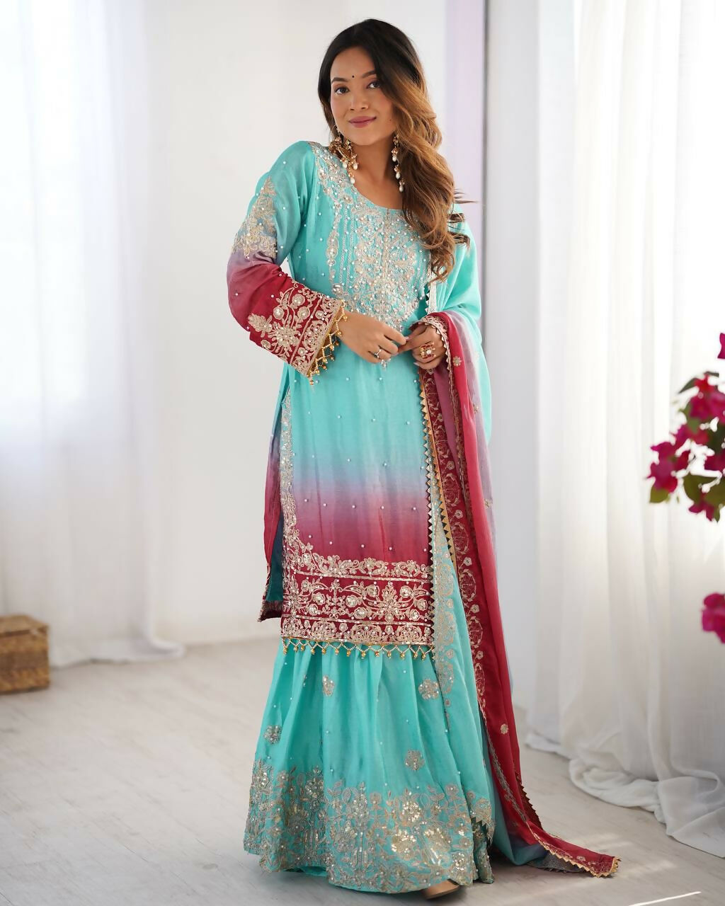 The52 Women's Beautiful Chinon silk Fabric Embroidery Work Straight Kurta Palazzo and Dupatta Set - Distacart
