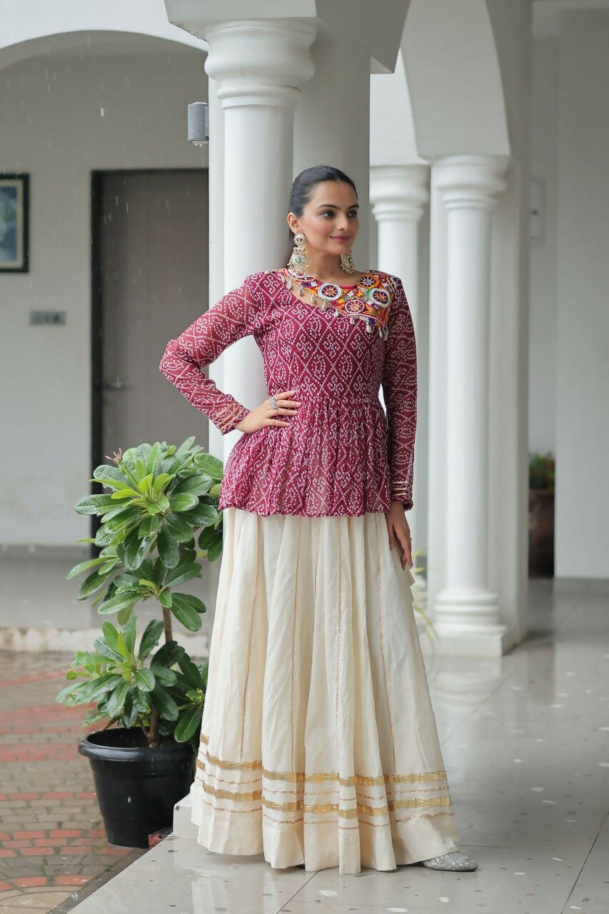 Teeya Creation Wine And White Colour Cotton Printed Navratri Lehenga Choli