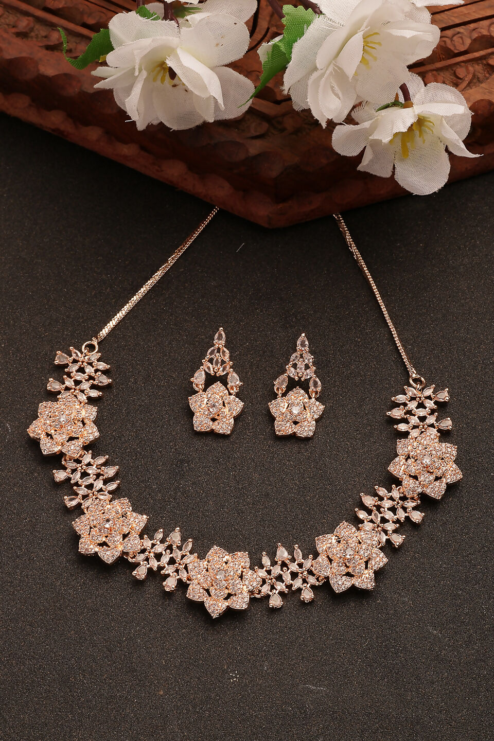NVR Women's Rose Gold-Polished American Diamond-Studded Handcrafted Jewellery Set