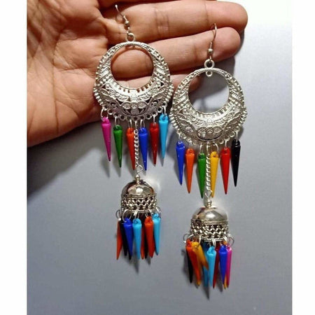MS Fashion India Half Moon Style Silver Earrings With Hanging Chain Jhumka Multicolor Pearls Earrings