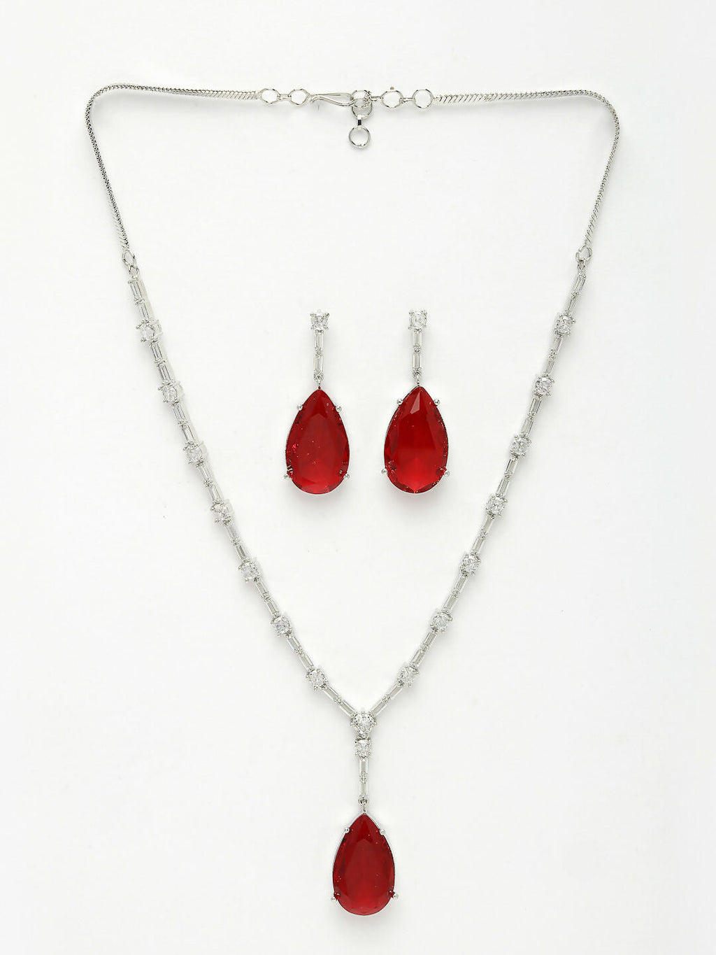 NVR Women's Silver-Plated Red Artificial Stones Studded Handcrafted Jewellery Set