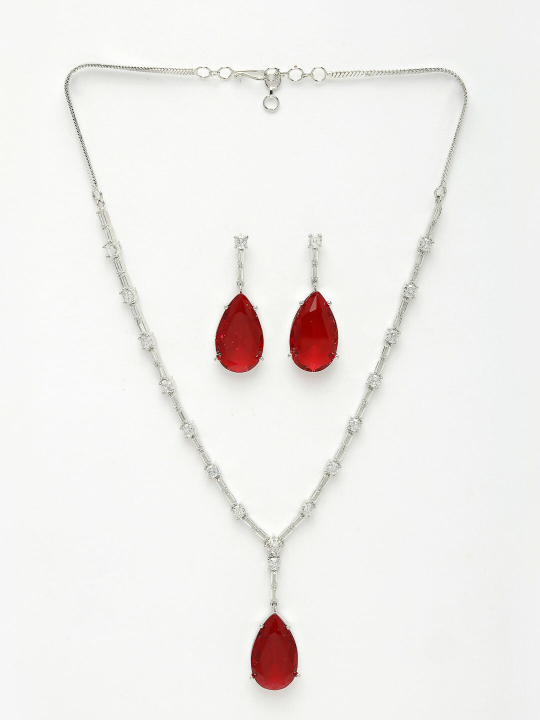 NVR Women's Silver-Plated Red Artificial Stones Studded Handcrafted Jewellery Set