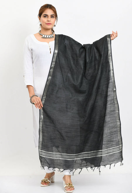 Mominos Fashion Moeza Women's Linen Cotton Silver Border Black Dupatta