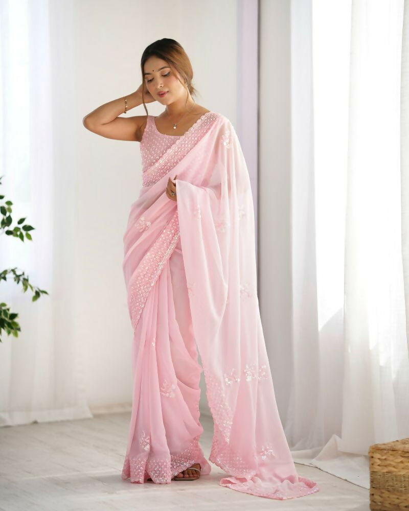 Attractive Looking Georgette Thread, Sequance Embroidery Work Party Wear Saree - Pink