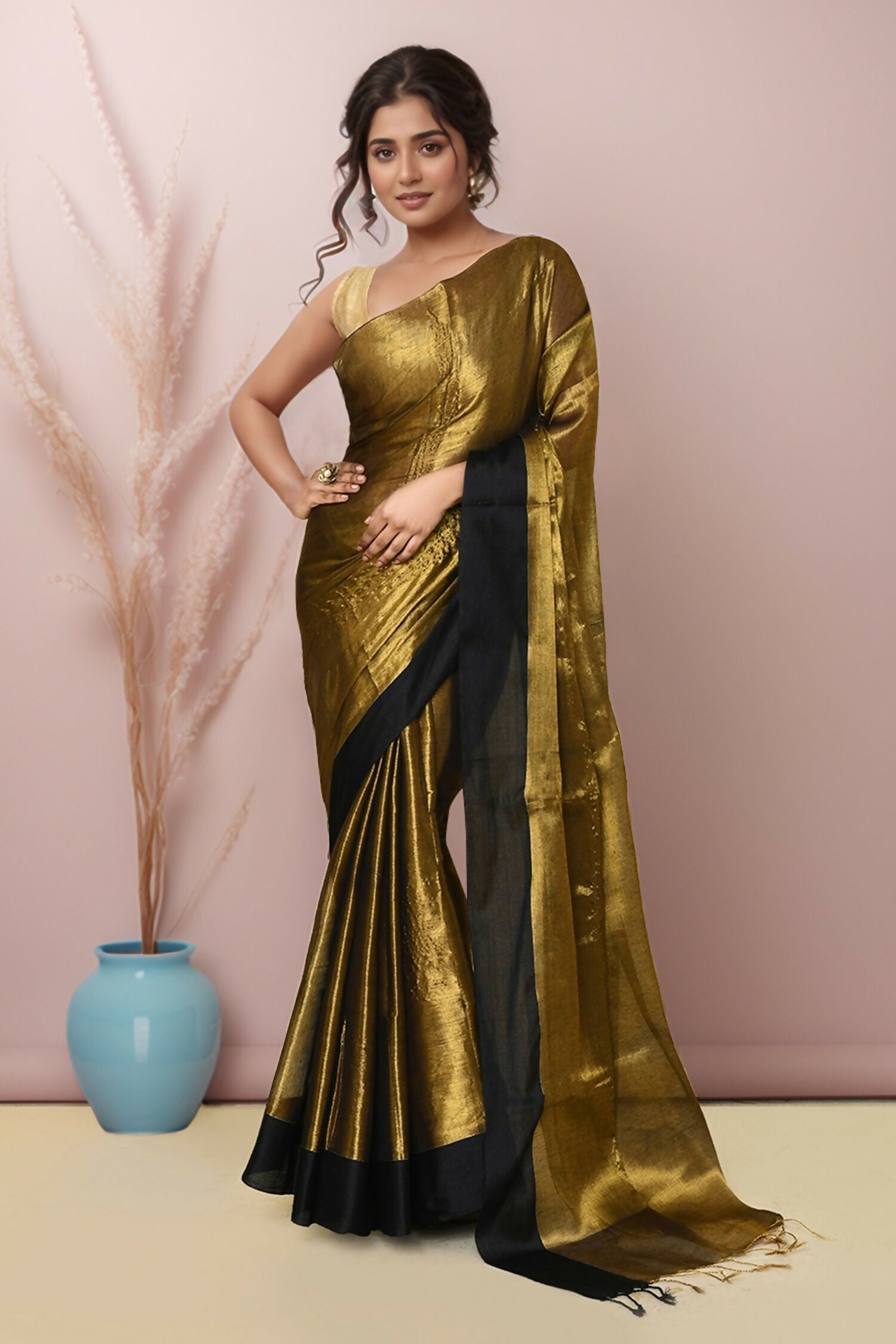 Joban Fashion Gold Black Tissue Saree