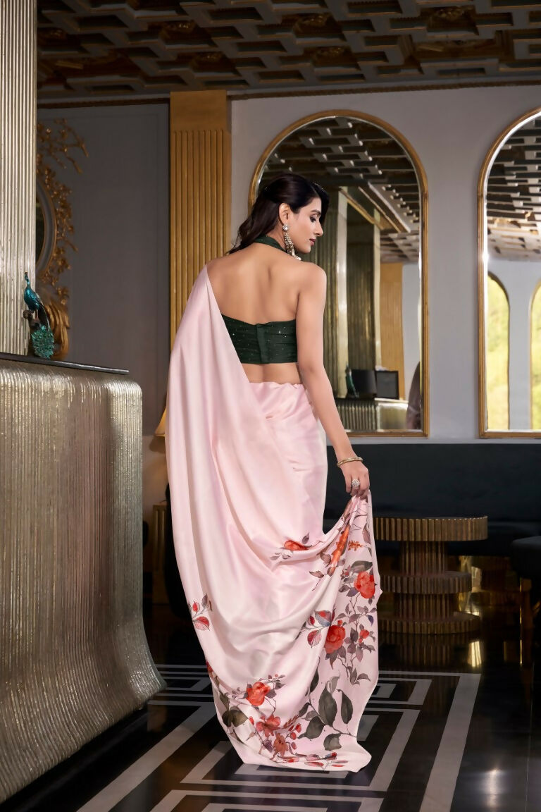 Vastranavya Off White Satin Silk Printed Saree with Hotfix Work Unstitched Blouse