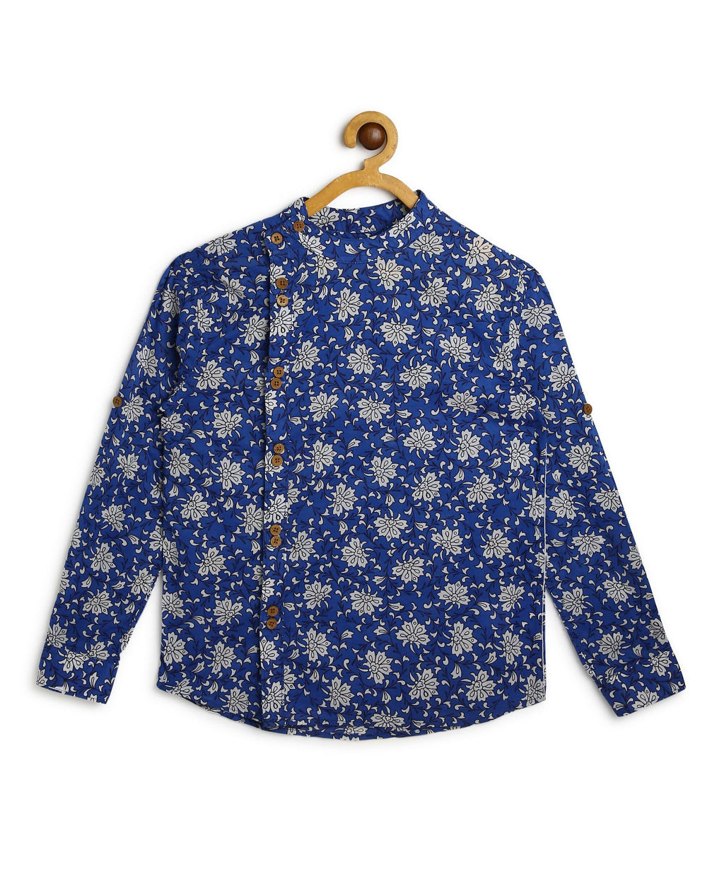 Manet Boys Full Sleeves Flower Printed Ethnic Shirt - Blue