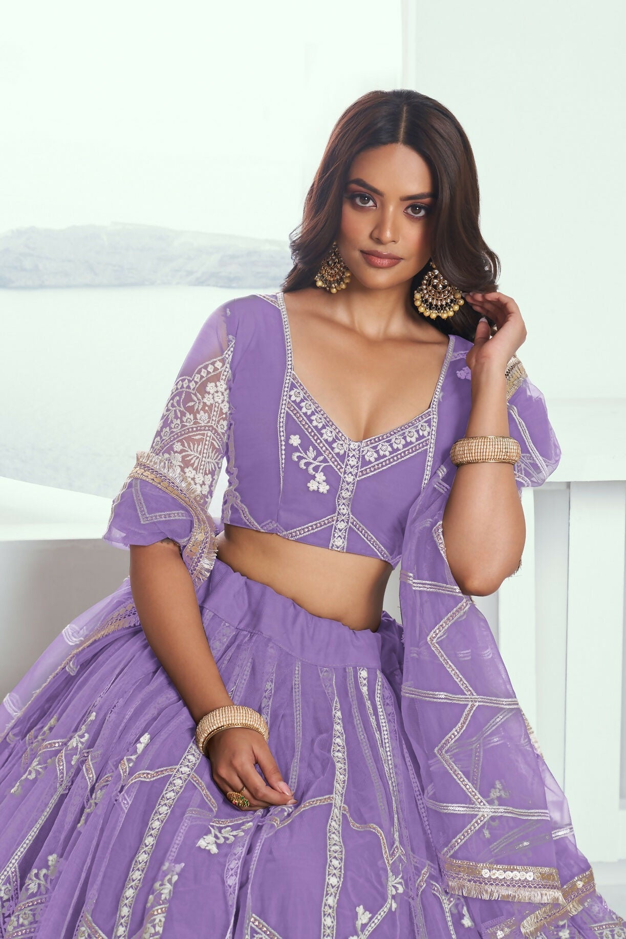 Eilara Lavender Purple Net Embroidered Flared Style Lehenga