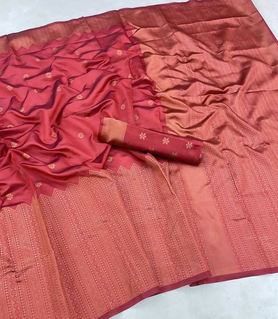 DEIANA'S Beautiful Designer Golden zari Soft Lichi Silk Saree - Red
