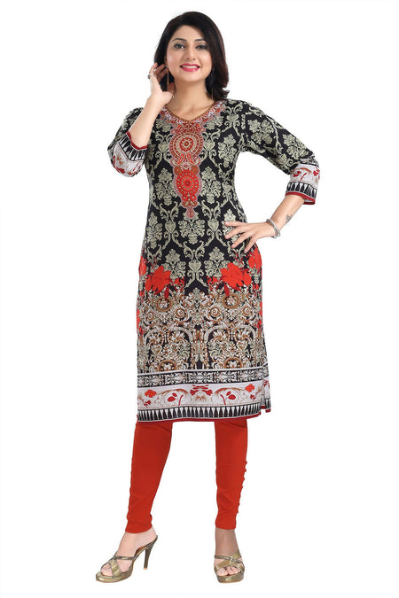 Snehal Creations Deep Black Designer Digital Print Cotton Slub Fabric Long Kurti Tunic