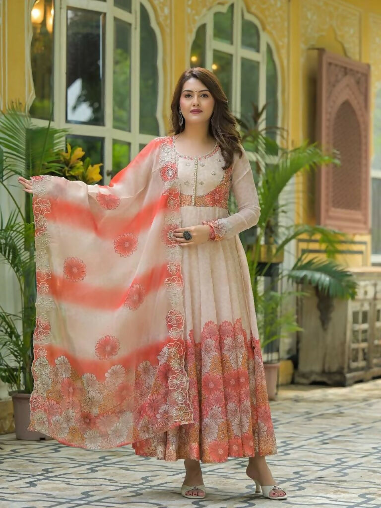 Teeya Creation Multi Color Organza Silk With Digital print With Embroidery Gown - Distacart