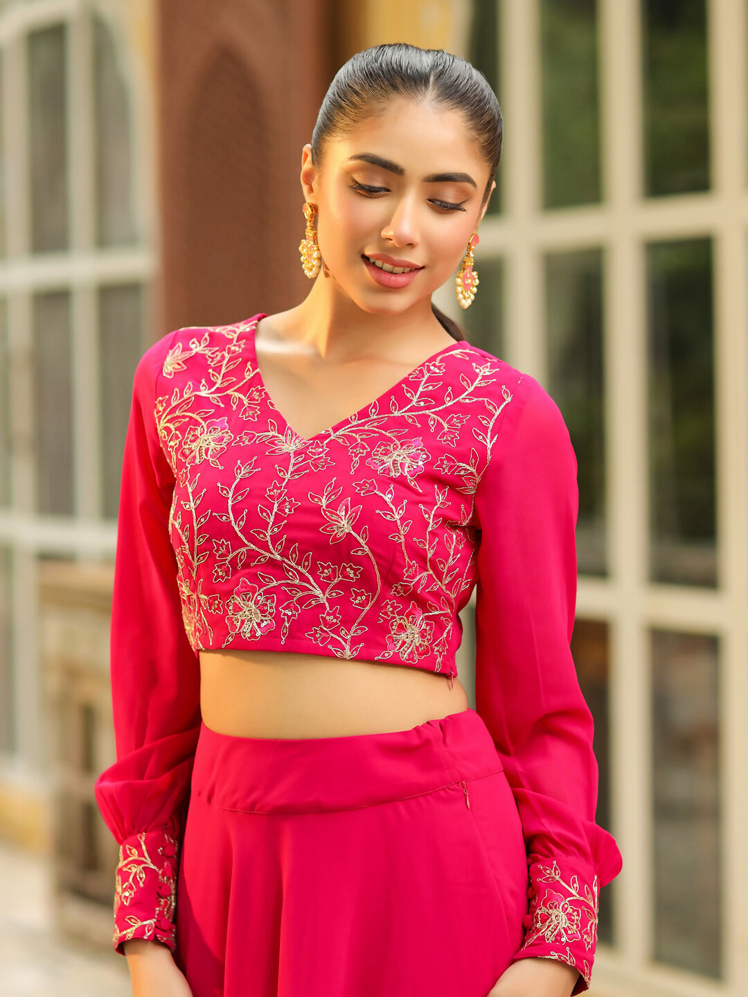 Janasya Pink Georgette Embroidered Top & Skirt