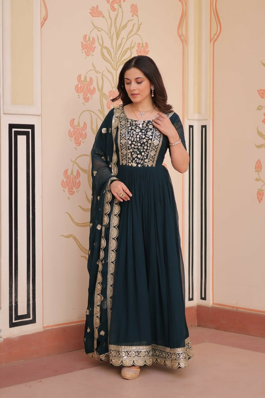 Teeya Creation Rama Color Faux Georgette Embroidery Work Wedding Wear Long Gown - Distacart