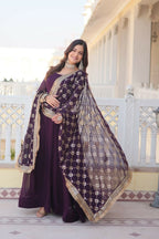 Jyoti Fashion Women's Wine Faux Blooming Sequins Zari Embroidered Anarkali Dress with Dupatta