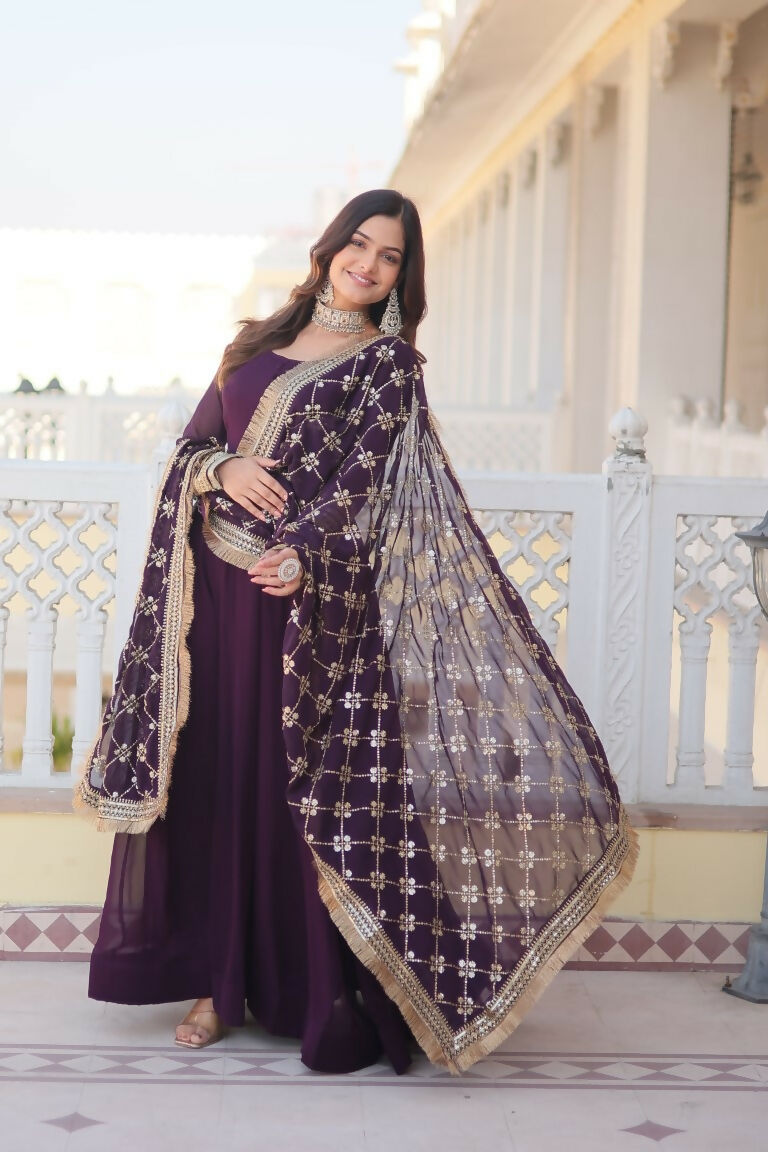 Jyoti Fashion Women's Wine Faux Blooming Sequins Zari Embroidered Anarkali Dress with Dupatta