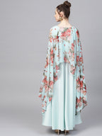 Ahalyaa Aqua Blue Poly Silk Kurta With Attached Printed Dupatta - Distacart