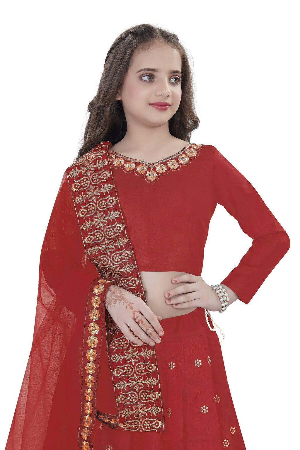 Dwiden Red Queen Tafetta Sattin Semi-Stitched Girl's Lehenga Choli