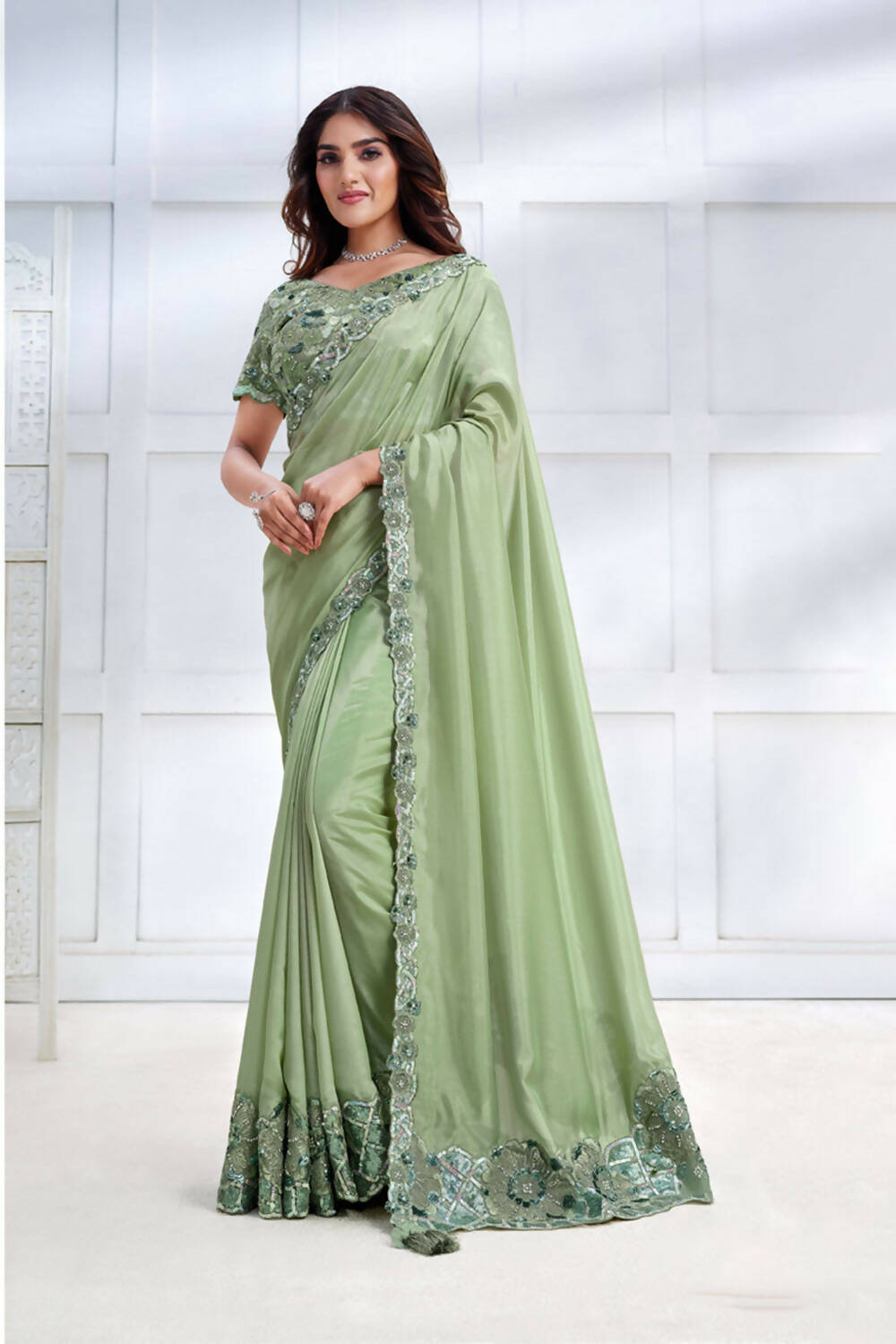 Pista Green Tusser Silk Cord & Sequence Embroidered with Stone work Saree - Mohmanthan Majestica