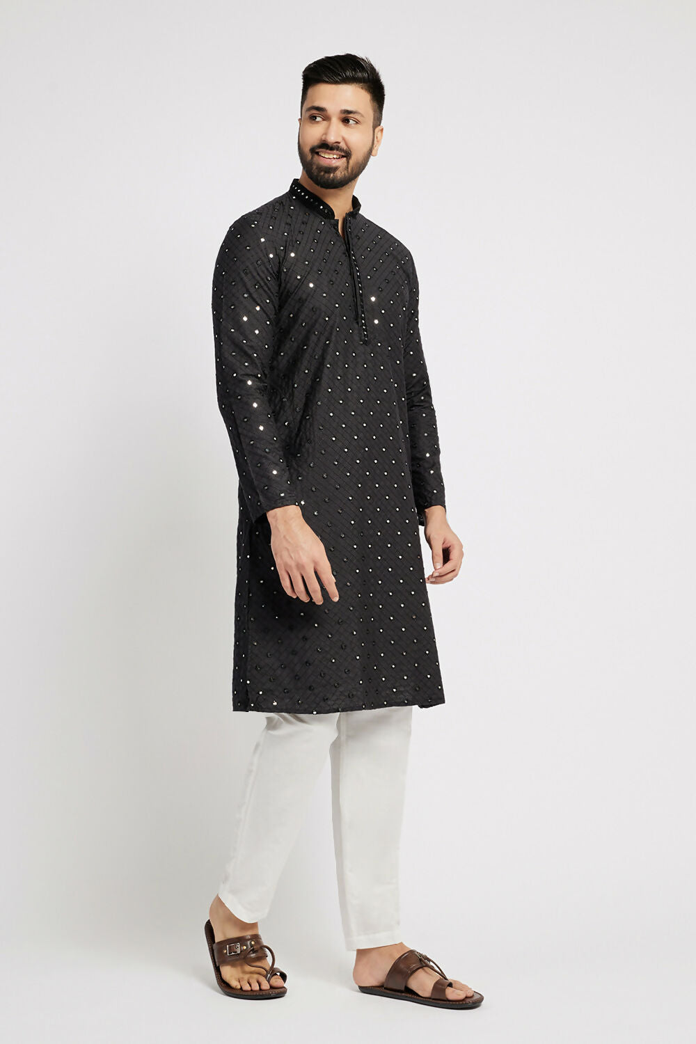Ethnic India Black Men's Kurta Embellished Cotton