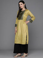 Ahalyaa Women Floral Yoke Design Gotta Patti Velvet Kurta - Mustard Color