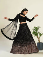 Jyoti Fashion Women's Black Velvet Heavy Sequins Semi Stitched Designer Lehenga Choli Set