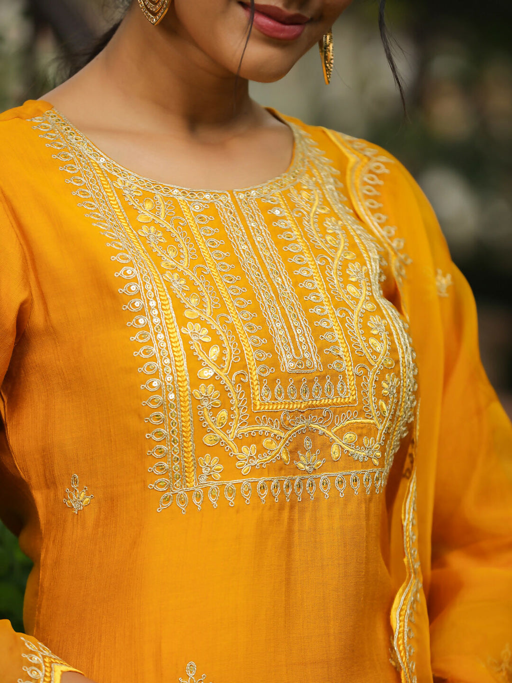 Janasya Mustard Silk Blend Embroidered Kurta,Bottom & Dupatta