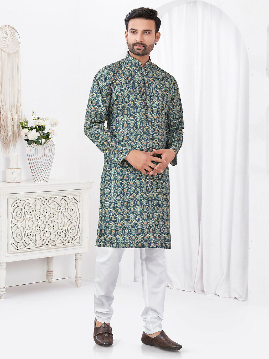 Joban Fashion Men's Rayon Cotton BLUE Printed Kurta Pyjama set