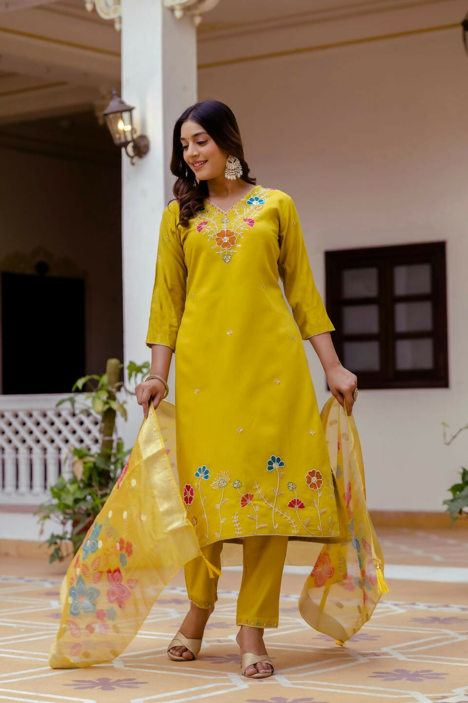 The52 Yellow Women's Gorgeous Embroidered work Viscose Gadhwal Fabric Straight Kurta, Pant and Dupatta Set - Distacart